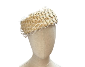 Vintage Style Straw Pillbox Hat with Birdcage Veil