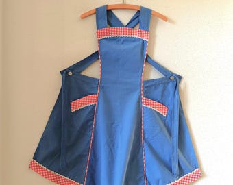 True Vintage Apron Blue with Red and White Gingham Trim, Pockets, Petite Size XS