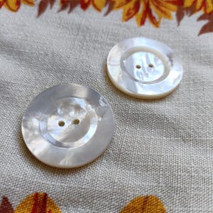 Pode incluir: Dois botões redondos iridescentes de madrepérola com dois furos cada. Os botões estão sobre um tecido bege com um padrão floral em tons de amarelo, laranja e castanho.