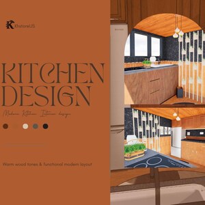 May include: An orange graphic with the text "KITCHEN DESIGN" and "Modern Kitchen Interior design." The image shows a modern kitchen with warm wood tones and a functional layout. The kitchen features a refrigerator, stove, and cabinets.