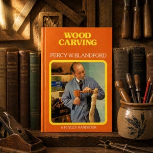 Può includere: Un libro con copertina rigida intitolato Wood Carving di Percy W. Blandford, caratterizzato da una copertina arancione con una fotografia centrale di una persona in camicia blu che intaglia il legno. Il Foyles Handbook è tra vari utensili.