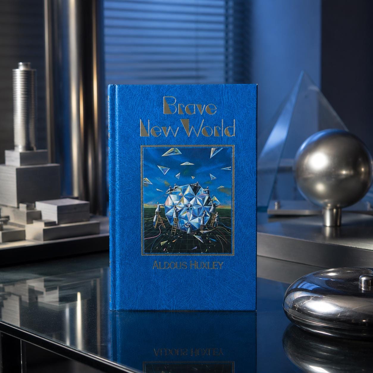 Brave New World by Aldous Huxley Dystopian Fiction Novel in Blue Faux Leather Binding