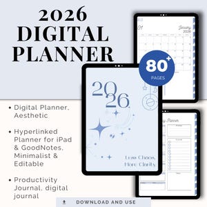 Puede incluir: Planificador digital para 2026 mostrado en tabletas. La portada muestra el año 2026 con gráficos de estrellas y destellos. El planificador incluye un calendario, páginas de planificación diaria y el texto "Less Chaos, More Clarity."