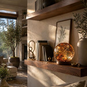 May include: A spherical glass lamp with a warm, amber-toned mottled finish and internal string lights, resting on a circular wooden base. The lamp sits on a dark wood shelf alongside a framed botanical print, books, and a gold metal sculpture.