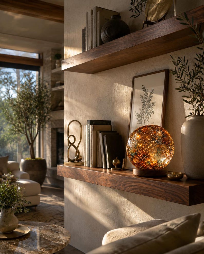 May include: A spherical glass lamp with a warm, amber-toned mottled finish and internal string lights, resting on a circular wooden base. The lamp sits on a dark wood shelf alongside a framed botanical print, books, and a gold metal sculpture.