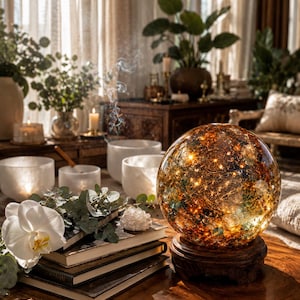 May include: A spherical glass orb with an amber and gold interior featuring intricate geometric patterns and internal lights, resting on a dark wooden circular base. The orb is placed next to a stack of three books, a white orchid, and greenery.