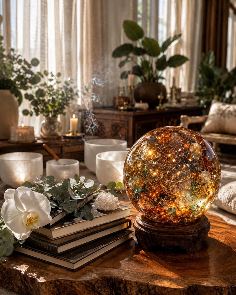 May include: A spherical glass orb with an amber and gold interior featuring intricate geometric patterns and internal lights, resting on a dark wooden circular base. The orb is placed next to a stack of three books, a white orchid, and greenery.