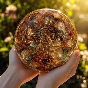 May include: A clear spherical resin orb containing embedded amber-colored metallic flakes and intricate gold-toned geometric line patterns. The sphere features suspended crystalline fragments and a central circular design with radiating lines.