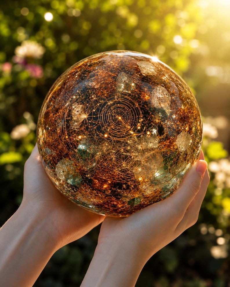 May include: A clear spherical resin orb containing embedded amber-colored metallic flakes and intricate gold-toned geometric line patterns. The sphere features suspended crystalline fragments and a central circular design with radiating lines.