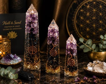 Handcrafted Crystal Obelisk | Orgonite Tower | Sacred Geometry Decor | Meditation Gift | Crystal Tower | Hall & Sand Obelisk