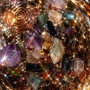May include: A spherical resin paperweight containing a collection of raw crystals including purple amethyst, clear quartz, and black tourmaline, interspersed with metallic copper wire coils and gold-toned metal shavings, creating a reflective surface.
