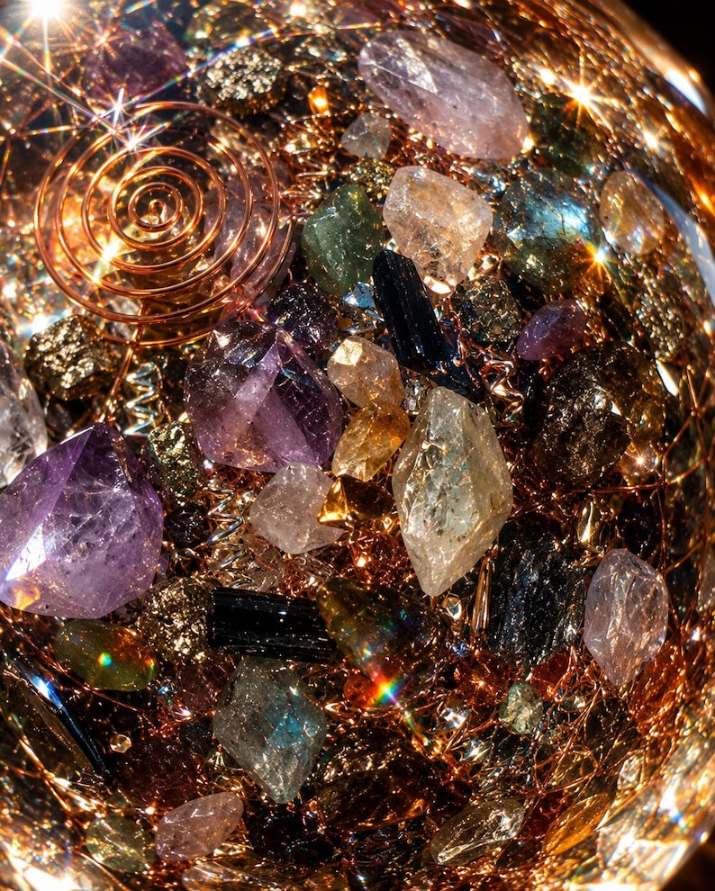 May include: A spherical resin paperweight containing a collection of raw crystals including purple amethyst, clear quartz, and black tourmaline, interspersed with metallic copper wire coils and gold-toned metal shavings, creating a reflective surface.