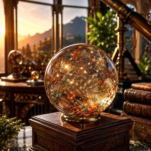 May include: A spherical glass orb filled with amber and gold metallic flecks and intricate geometric line patterns, illuminated from within by small lights. The orb rests on a circular gold-toned base, which is set upon a dark wooden pedestal.