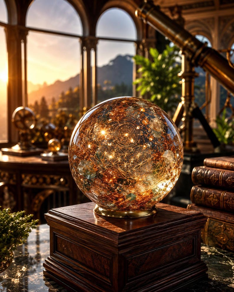 May include: A spherical glass orb filled with amber and gold metallic flecks and intricate geometric line patterns, illuminated from within by small lights. The orb rests on a circular gold-toned base, which is set upon a dark wooden pedestal.