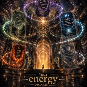 May include: An artistic digital illustration featuring tarot cards representing Earth, Fire, Ether, Water, and Air. The cards are arranged around a central figure in a grand, illuminated architectural setting. The text "Your energy becomes your reality" is at the bottom.