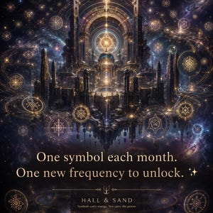 May include: A digital illustration of a golden celestial palace floating in space, surrounded by glowing geometric symbols. Text reads: One symbol each month. One new frequency to unlock. HALL & SAND. Symbols carry energy. You carry the power.