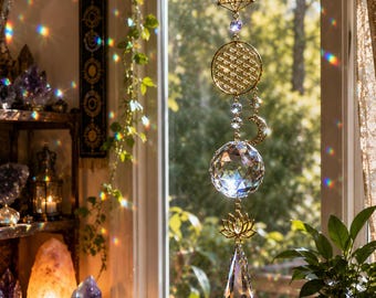 Ether Aura Sun Catcher | Crystal Window Hanging, Celestial Prism, Sacred Geometry, Moon Charms