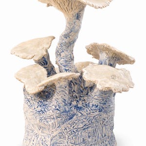 Peut inclure: Une sculpture en céramique représentant un groupe de cinq champignons poussant sur une base texturée. La pièce est finie avec un émail blanc cassé et des détails bleus qui soulignent les motifs sculptés complexes sur les tiges et la base.