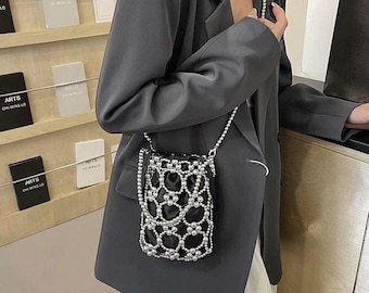 Handmade Silver Beaded Crossbody Phone Bag