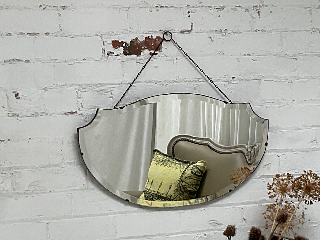 Vintage Art Deco Frameless Mirror Wall Hanging Utility Era Bevelled
