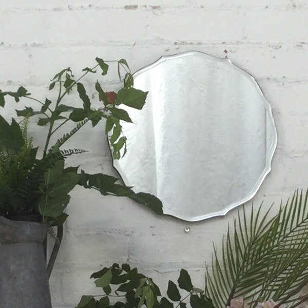 Bevelled deep scallop edge Vintage Art Deco era Frameless shaped  figured round  Wall Mirror Chip on corner  - utility era