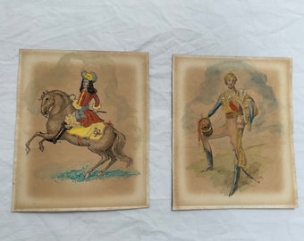 pair vintage water colours of handsome men in uniforms faded edges very decorative Charles 11 and a Hussar