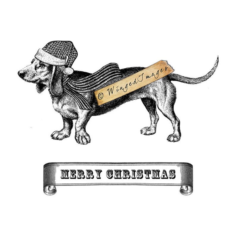 Christmas Dachshund Instant Download Digital Image No.150 Iron-On Transfer to Fabric burlap, linen Paper Prints cards, tags image 2