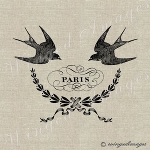 Paris Hirondelles Téléchargement instantané Image numérique No.83 Transfert thermocollant sur tissu (toile de jute, lin) Impressions papier (cartes, étiquettes)