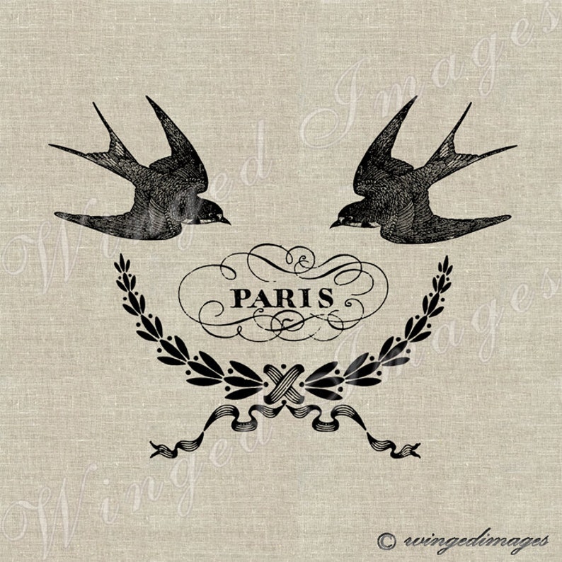 Paris Swallows Instant Download Digital Image No.83 Iron-On Transfer to Fabric burlap, linen Paper Prints cards, tags image 1