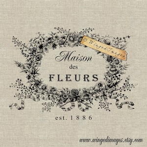 Maison des Fleurs. Instant Download Digital Image No.214 Iron-On Transfer to Fabric (burlap, linen) Paper Prints (cards, tags)