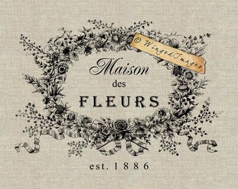 Maison des Fleurs. Instant Download Digital Image No.214 Iron-On Transfer to Fabric (burlap, linen) Paper Prints (cards, tags)