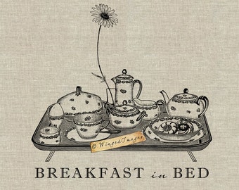 Breakfast in Bed. Instant Download Digital Image No.368 Iron-On Transfer to Fabric (burlap, linen) Paper Prints (cards, tags)