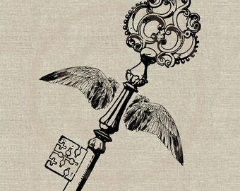 Winged Key Instant Download Digital Image No.84 Iron-On Transfer to Fabric (burlap, linen) Paper Prints (cards, tags)