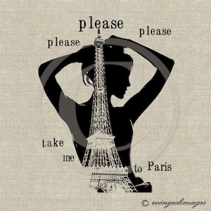 Frau Silhouette Paris Eiffelturm Sofortiger Download Digitales Bild Nr. 44 Bügelbild auf Stoff (Burlap Leinen) Papier Drucke (Karten Tags)