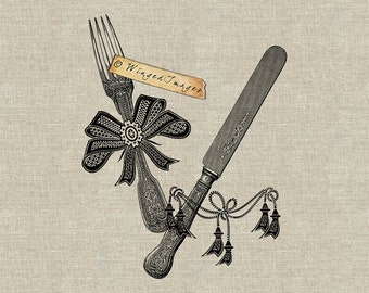 Antique Ornate Fork and Knife Instant Download Digital Image No.86 Iron-On Transfer to Fabric (burlap, linen) Paper Prints (cards, tags)