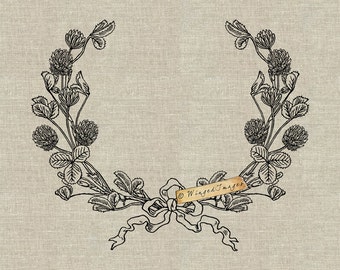 Wildflowers Clover Wreath. Instant Download Digital Image No.389 Iron-On Transfer to Fabric (burlap, linen) Paper Prints (cards, tags)