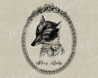 May include: A black and white illustration of a fox wearing a bow tie and a collar. The fox is framed in an ornate oval frame with the text "Foxy Lady" underneath.