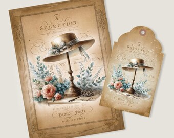 Shabby Chic Romántico Vintage Hat Stand Página de diario basura y etiqueta de regalo. Descarga instantánea de hoja de collage digital No.433