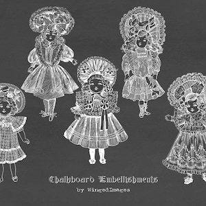 May include: Five black and white illustrations of vintage dolls wearing elaborate hats and dresses. The dolls are drawn in a simple, elegant style and are perfect for adding a touch of vintage charm to any project. The text "Chalkboard Embellishments by WingedImages" is at the bottom of the image.