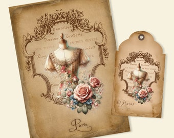 Shabby Chic Romántico Vestido vintage en forma de página de diario basura y etiqueta de regalo. Hoja de collage digital de descarga instantánea n.º 431