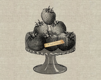 Fresas en recipiente de vidrio. Descarga instantánea Imagen digital No.393 Iron-On Transfer to Fabric (arpillera, lino) Impresiones en papel (tarjetas, etiquetas)