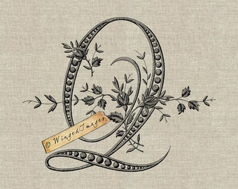 Monograma francés antiguo Letra Q Descarga instantánea Imagen digital No.262 Transferencia de hierro a tela (arpillera, lino) Impresiones de papel (tarjetas, etiquetas)