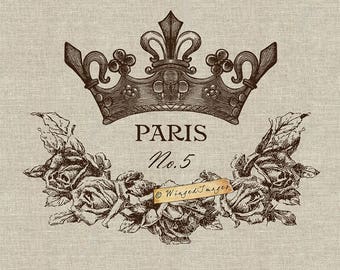 Brown Paris Crown and Rose Wreath Instant Download Digital Image No.61 Iron-On Transfer to Fabric (burlap, linen) Paper Prints (cards, tags)
