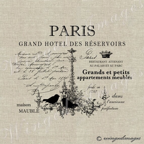 Paris French Hotel Chandelier Birds Instant Download Digital Image No.123 Iron-On Transfer to Fabric (burlap linen) Paper Prints (cards tags