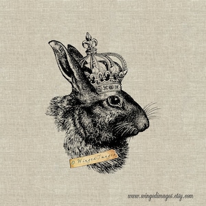 Hase mit Krone. Sofort Download Digitales Bild Nr.311 Bügelbild auf Stoff (Burlap, Leinen) Papier Drucke (Karten, Tags)