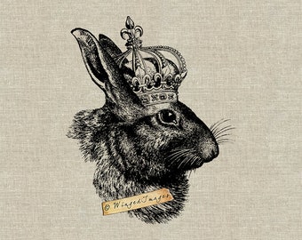 Rabbit with Crown. Instant Download Digital Image No.311 Iron-On Transfer to Fabric (burlap, linen) Paper Prints (cards, tags)