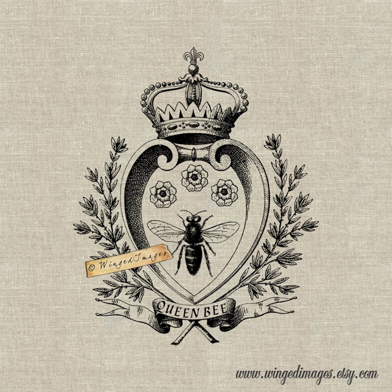 Queen Bee. Instant Download Digital Image No.348 Iron-on Transfer to Fabric burlap, Linen Paper ...
