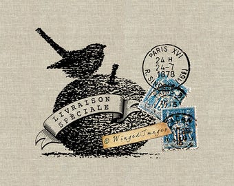 Sello postal francés Bird Apple. Descarga instantánea Imagen digital No.402 Transferencia de hierro a tela (arpillera, lino) Impresiones en papel (tarjetas, etiquetas)