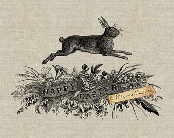 Happy Easter Bunny Instant Download Digital Image No.315 Iron-On Transfer to Fabric (burlap, linen) Paper Prints (cards, tags)