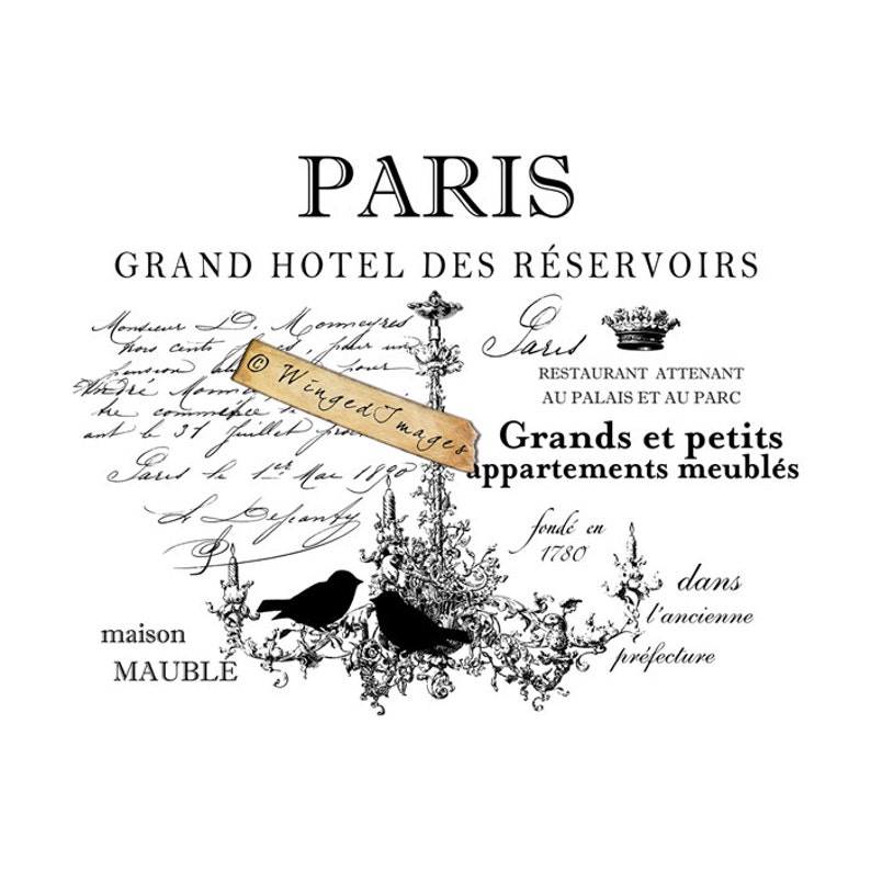 May include: Black and white vintage illustration of a Parisian hotel with the text "Paris Grand Hotel des R&eacute;servoirs" and "Grands et petits appartements meubl&eacute;s".